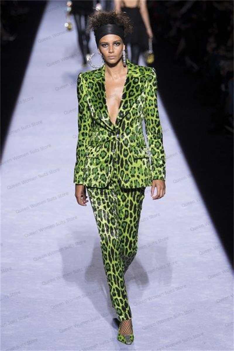 Women'S Formal Wear For A Wedding - Sequins Leopard Women Suit Set Blazer+Pants