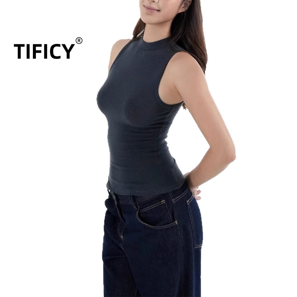 Women Formal Wear Shirts - Retro Sport Semi High Neck Sleeveless