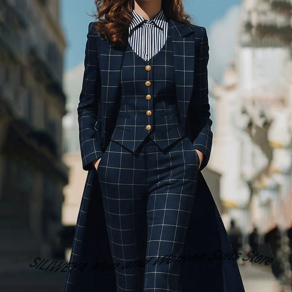Women'S Formal Wear Suits - Sophisticated Navy Blue Women's Plaid Blazers