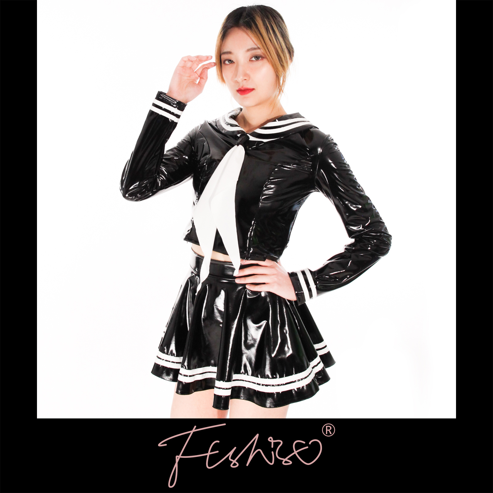 Pencil Skirt Midi - Ftshist Shiny Black Patent Leather Sailor