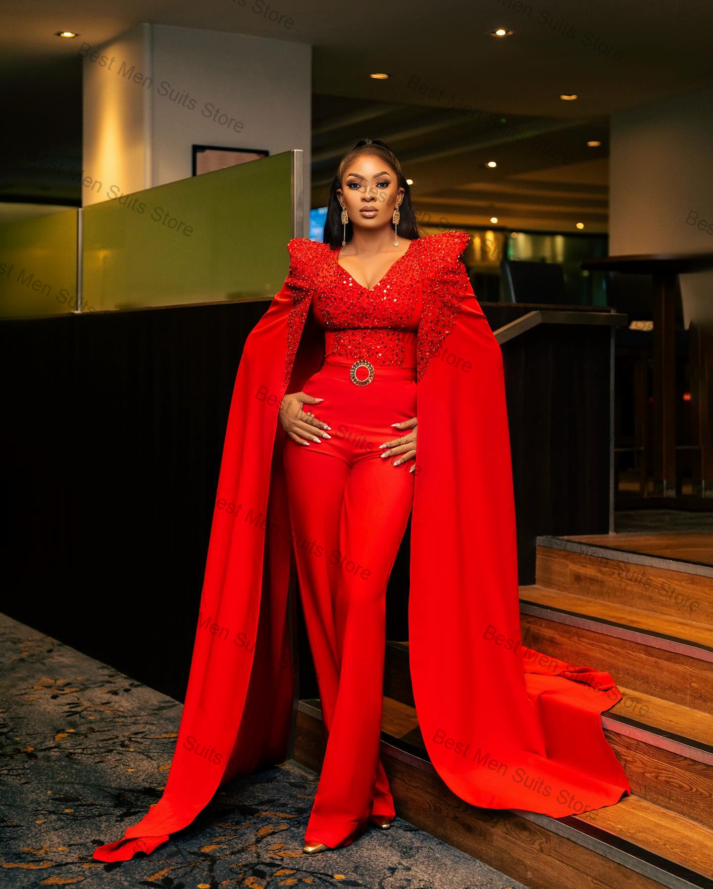 Wrap Dress Work - Luxury Red Wrap Women Suit Set
