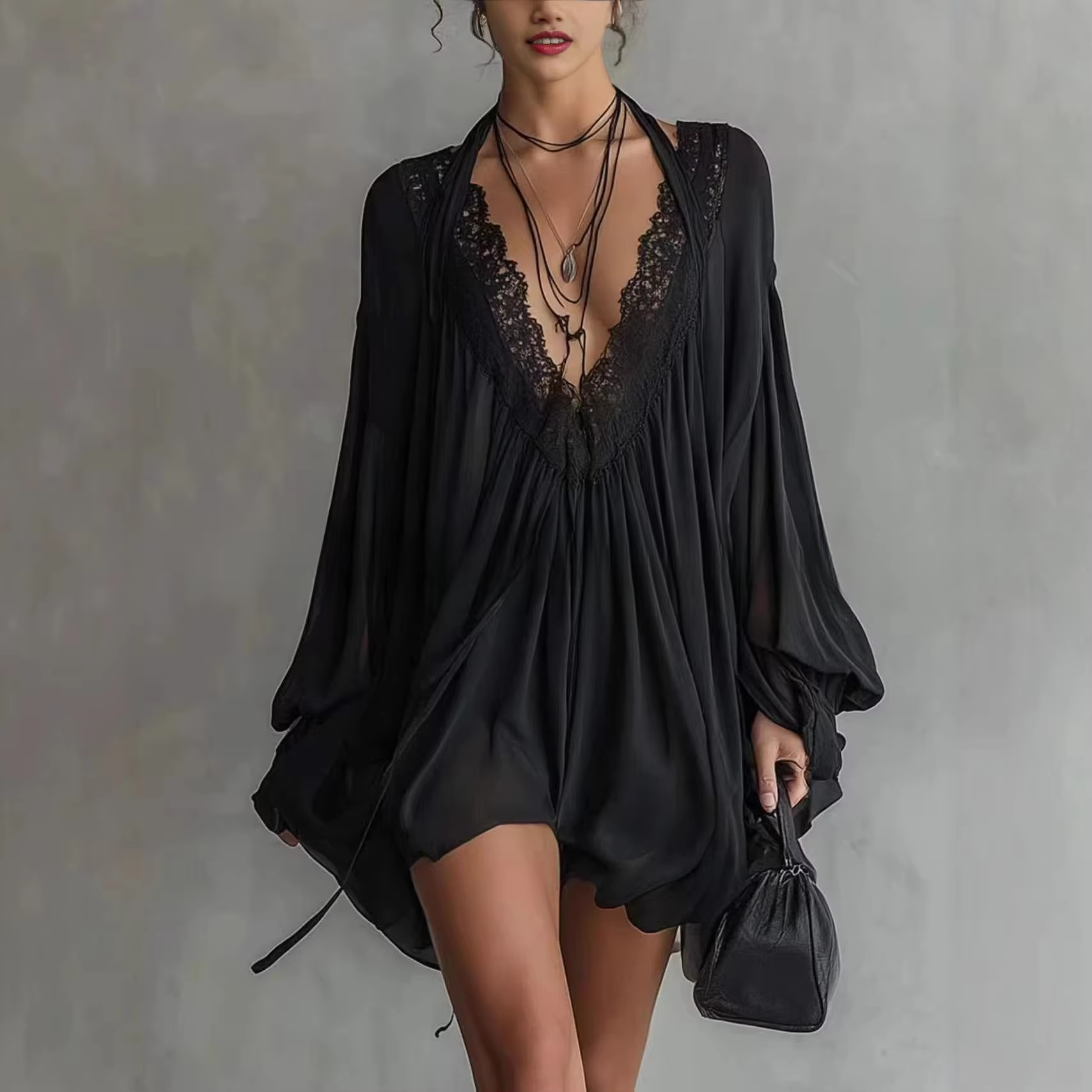 Women's Black Lace Trim Sexy D - Wrap Dress Work incelemesi ve fiyatı