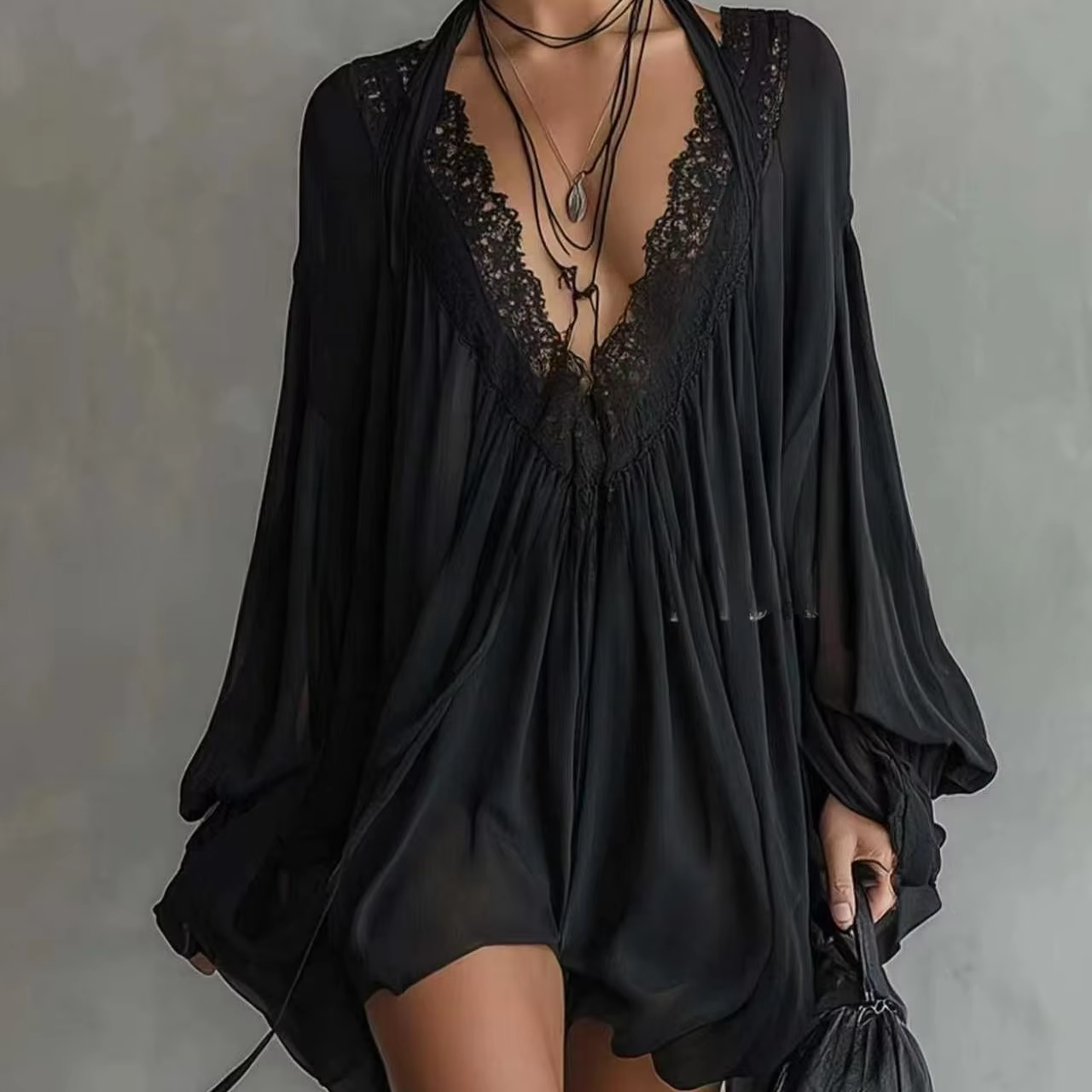 Women's Black Lace Trim Sexy D - Wrap Dress Work incelemesi ve fiyatı