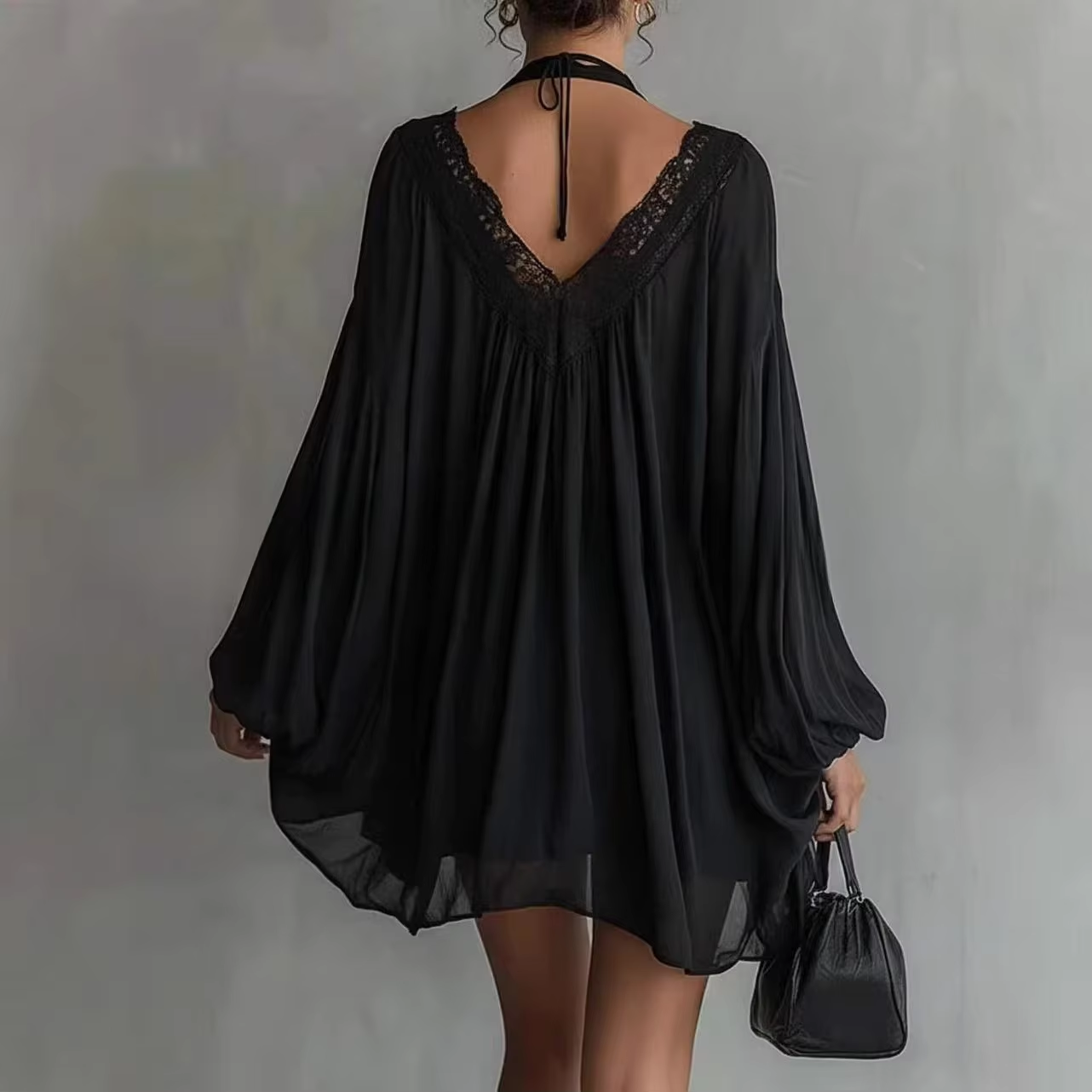 Women's Black Lace Trim Sexy D - Wrap Dress Work incelemesi ve fiyatı