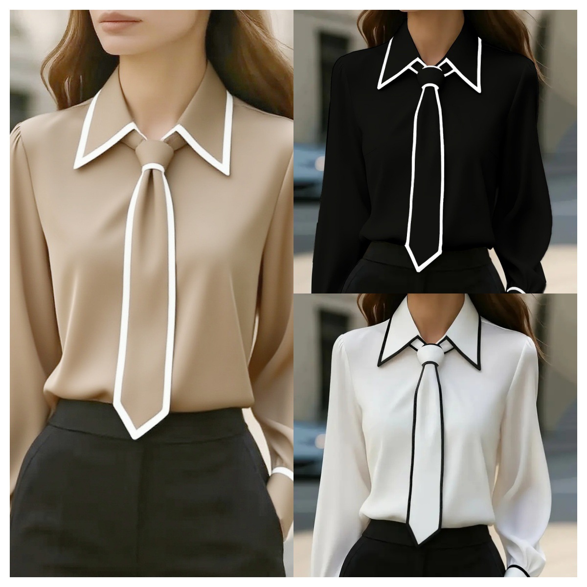 Women's Contrast Trim Tie Neck - Women Formal Wear Shirts incelemesi ve fiyatı