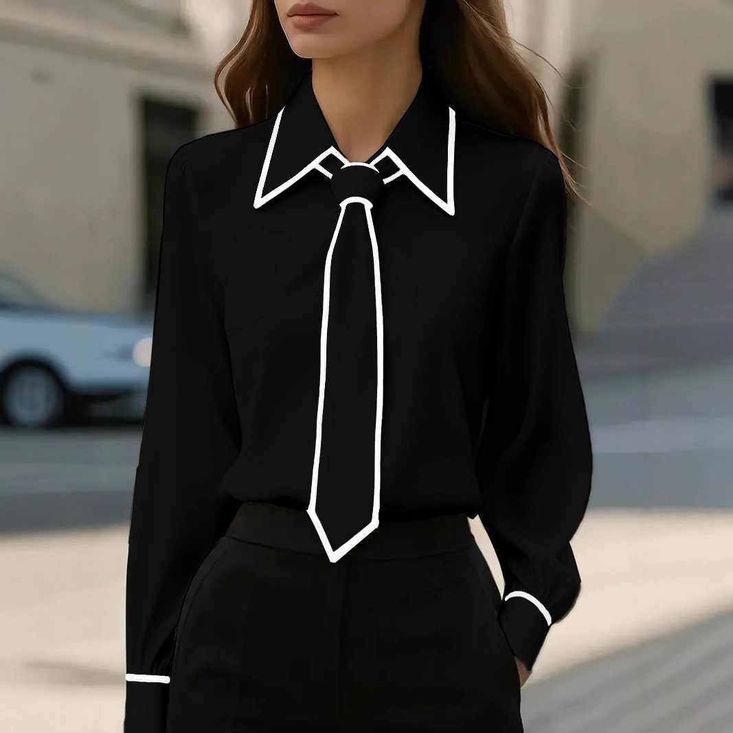 Women's Contrast Trim Tie Neck - Women Formal Wear Shirts incelemesi ve fiyatı