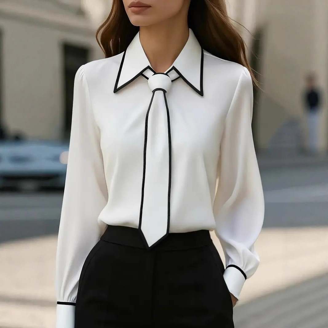 Women's Contrast Trim Tie Neck - Women Formal Wear Shirts incelemesi ve fiyatı