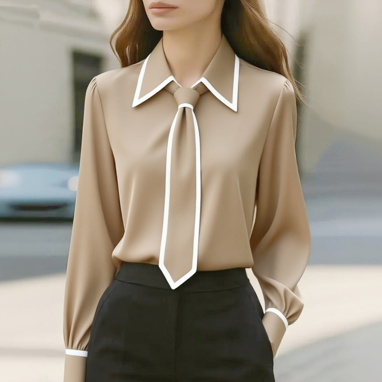 Women's Contrast Trim Tie Neck - Women Formal Wear Shirts incelemesi ve fiyatı