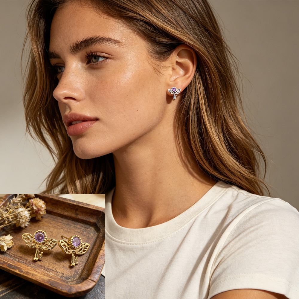 Retro Key Amethyst Stud Earrin - Women Formal Wear For Meeting incelemesi ve fiyatı