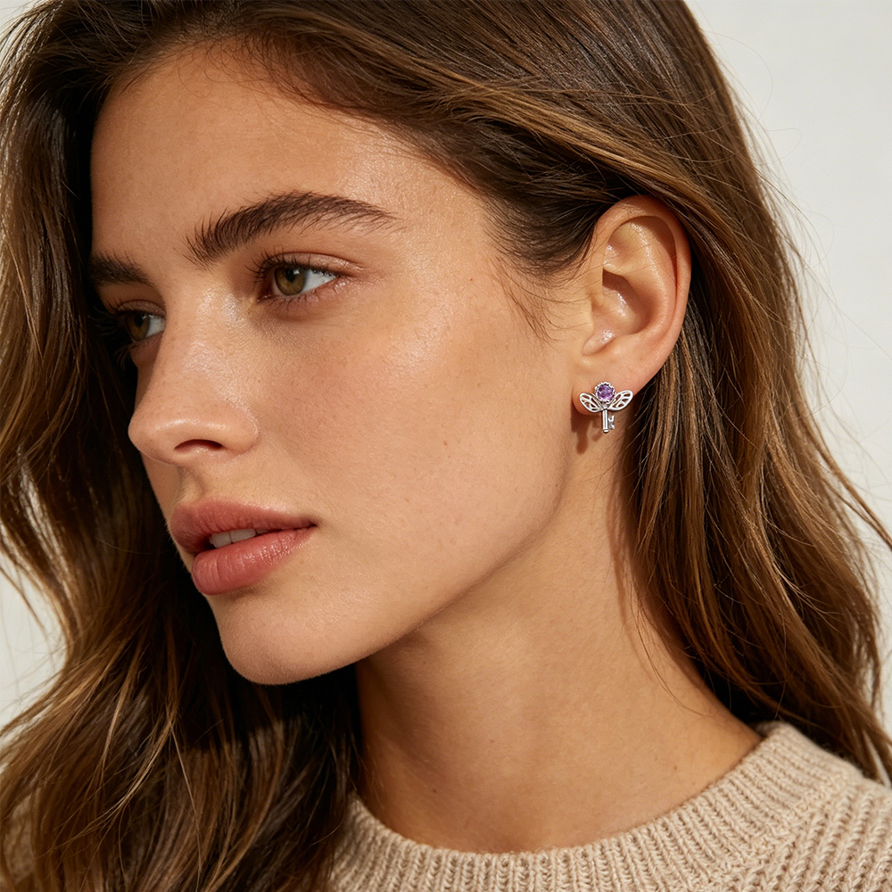 Retro Key Amethyst Stud Earrin - Women Formal Wear For Meeting incelemesi ve fiyatı