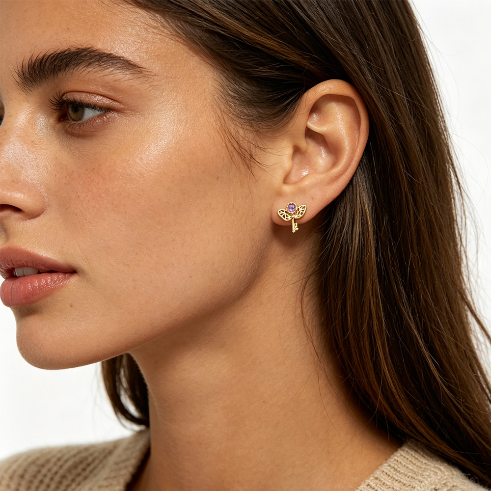 Retro Key Amethyst Stud Earrin - Women Formal Wear For Meeting incelemesi ve fiyatı