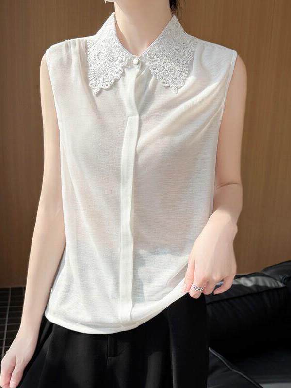Lace Trim No Sleeve Knitted Sh - Women Formal Wear Shirts incelemesi ve fiyatı