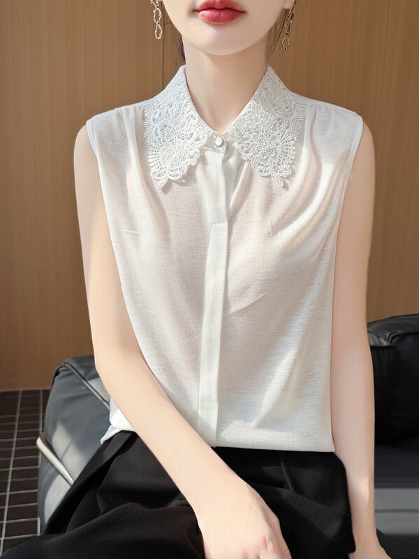 Lace Trim No Sleeve Knitted Sh - Women Formal Wear Shirts incelemesi ve fiyatı